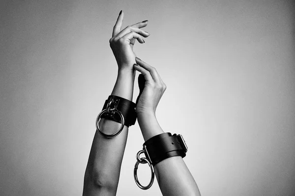 Hands Woman Leather Handcuffs Studio Background — Stock Photo, Image