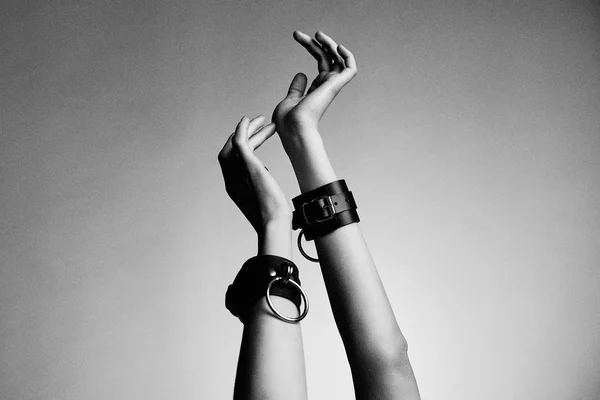 Hands Woman Leather Handcuffs Studio Background — Stock Photo, Image