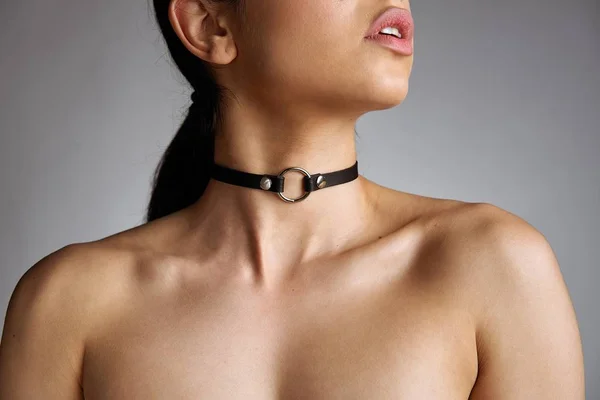 Portrait Young Seductive Woman Leather Collar — Stock Photo, Image