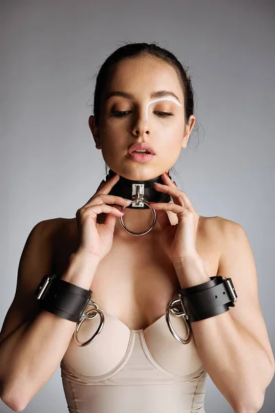 Portrait Young Seductive Woman Leather Collar — Stock Photo, Image