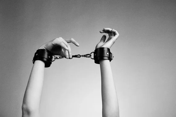 Hands Woman Leather Handcuffs Studio Background — Stock Photo, Image