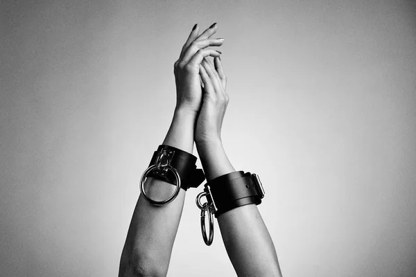 Hands Woman Leather Handcuffs Studio Background — Stock Photo, Image