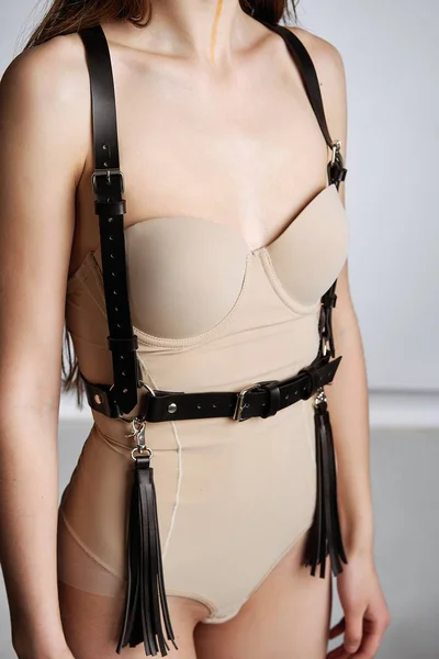 Sensual Young Woman Harness Belts Posing Studio Background — Stock Photo, Image