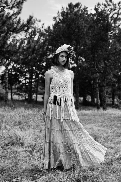 Beautiful Young Fashion Portrait Young Woman Boho Style Clothing Posing — Stock Photo, Image