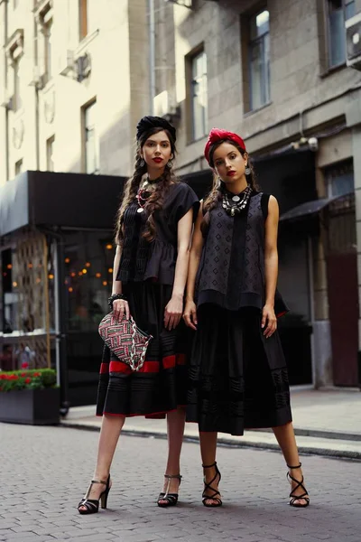 Two Young Fashion Models Pigtails Posing — Stock Photo, Image