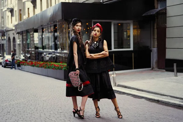 Two Young Fashion Models Pigtails Posing — Stock Photo, Image