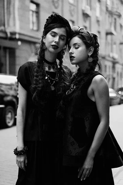 Two Young Fashion Models Pigtails Posing — Stock Photo, Image