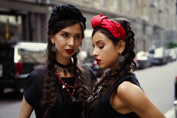 Two Young Fashion Models Pigtails Posing — Stock Photo, Image