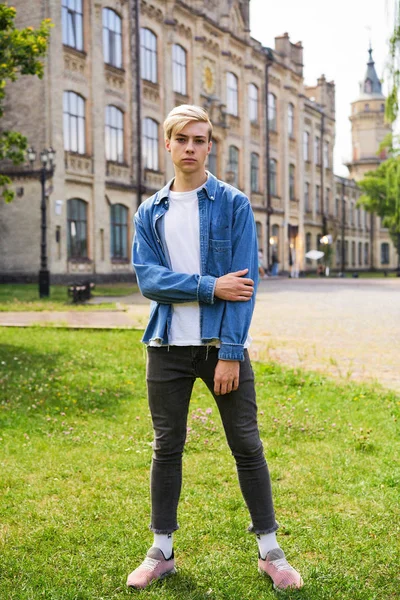 Portrait Handsome Young University Student School Courtyard — Stock Photo, Image