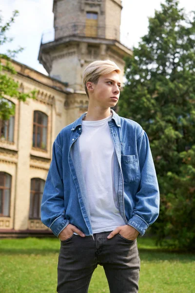 Portrait Handsome Young University Student School Courtyard — Stock Photo, Image