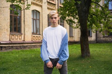  Yakışıklı genç üniversite öğrenci okul Courtyard portresi       