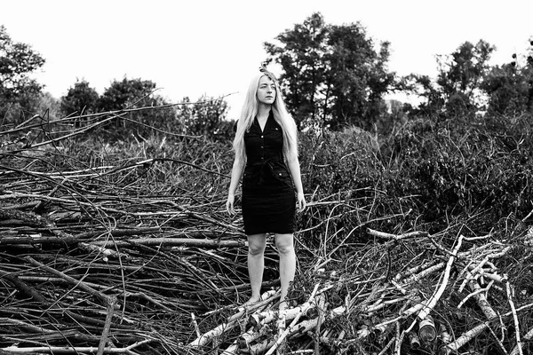 Giovane Donna Bionda Posa Abito Nero Sulla Natura — Foto Stock