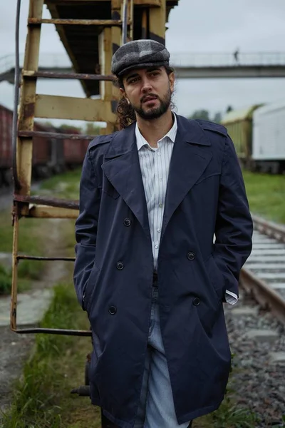 Fashionable Young Bearded Man Stylish Cap Posing — Stock Photo, Image