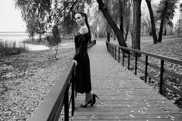 Wunderschöne Junge Brünette Frau Elegantem Kleid Posiert Freien — Stockfoto