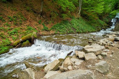  Waterfall mountain close up. Mountain river waterfall view     