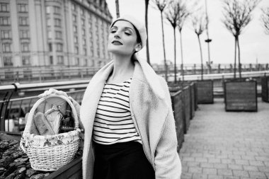 Piknik sepeti ile güzel genç kadın 