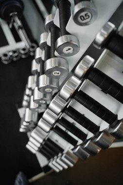 Spor salonunun rafındaki dambılların görüntüsü