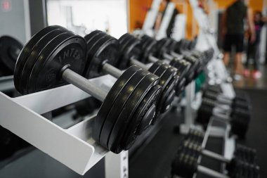 Spor salonunun rafındaki dambılların görüntüsü