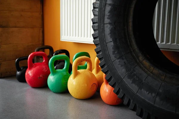 Colorful Kettle Bells Gym Close View Stock Photo