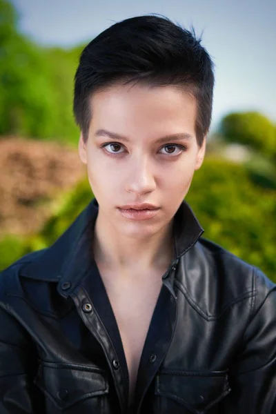 Young Woman Black Leather Shirt Posing Summer Park — Stock Photo, Image