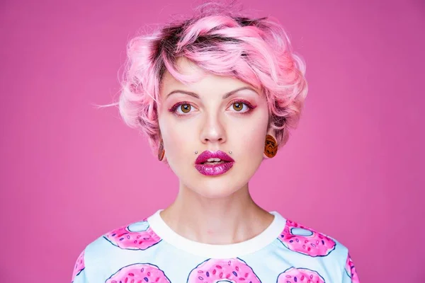 colorful portrait of cute woman with pink hair