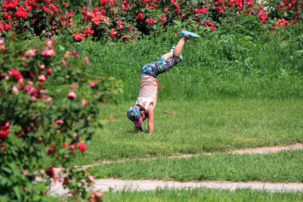 Chica Haciendo Acrobacias Entre Rosales —  Fotos de Stock