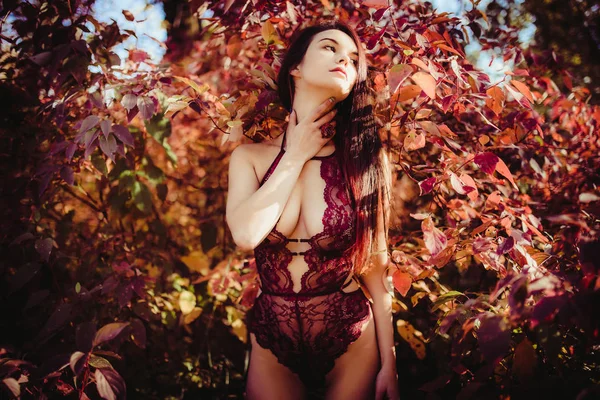 Portret Van Jonge Rood Haar Vrouw Lingerie Buitenshuis — Stockfoto