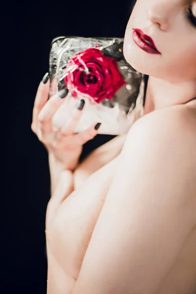 Young Topless Woman Posing Red Rose Frozen Ice — Stock Photo, Image