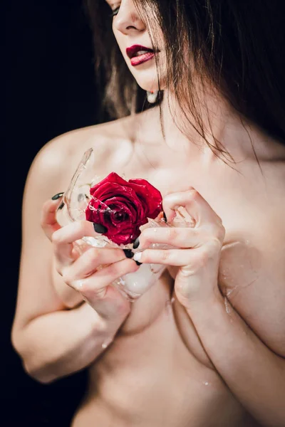 Young Topless Woman Posing Red Rose Frozen Ice — 스톡 사진
