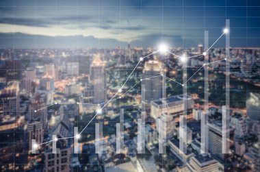 İş imge ile mali tablolar ve grafikler üzerinde bulanıklık cityscape arka plan, vintage tarzı süreci olarak kavramsal