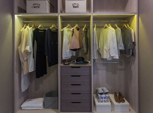 modern closet with clothes hanging on rail, wooden wardrobe, walk in closet interior design