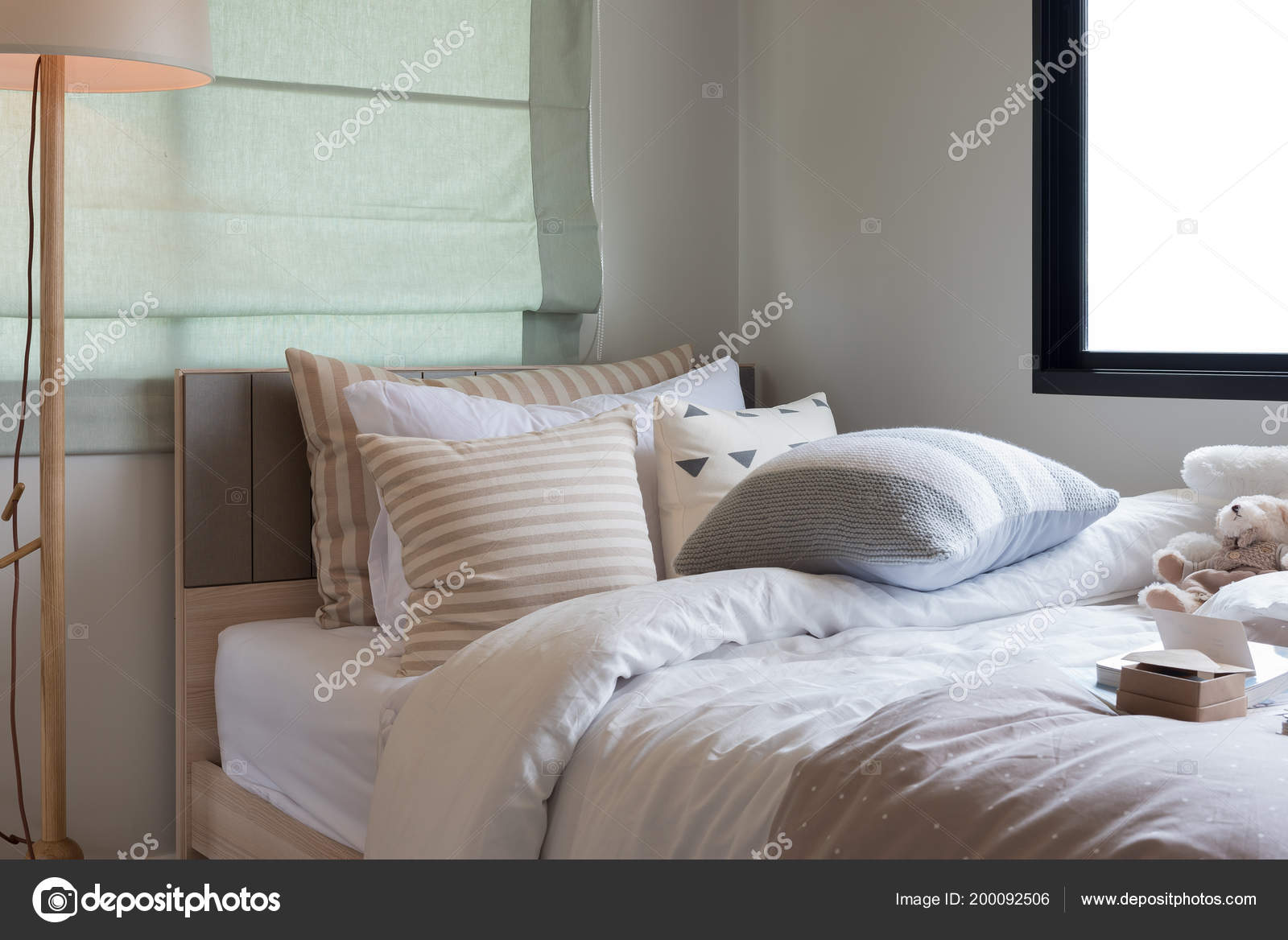 Modern Single Bedroom Wooden Bed Set Pillows Interior