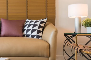 Klasik salon stil, iç tasarım konsepti renkli yastıklar ile kahverengi kanepe