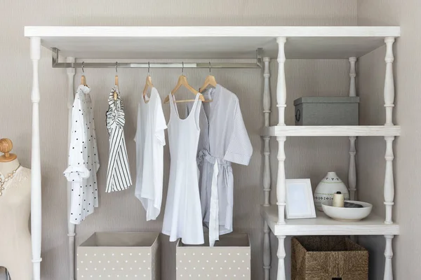 White Color Shirts Hanging Rail Classic Style Wooden Closet Interior — Stock Photo, Image