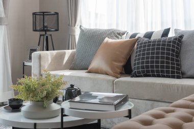 rahat oturma odası tarzı kanepe ve yastıklar, iç tasarım konsepti dizi