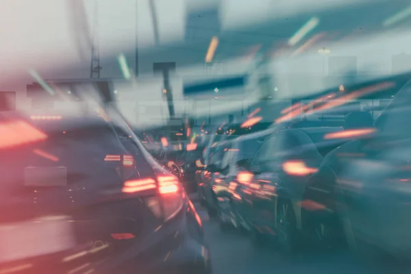 Reihe Von Autos Mit Stau Auf Der Mautpflichtigen Straße Der — Stockfoto