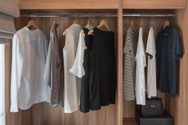 Ray, gömlek asılı, iç tasarım konsepti ile birlikte modern wardrbe üzerinde asılı giysileri ile dolaba modern yürüyüş