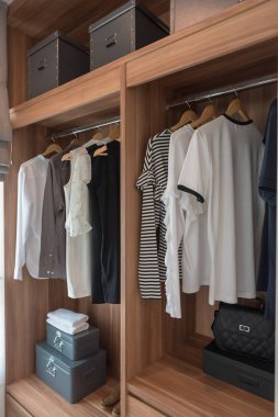 Ray, gömlek asılı, iç tasarım konsepti ile birlikte modern wardrbe üzerinde asılı giysileri ile dolaba modern yürüyüş