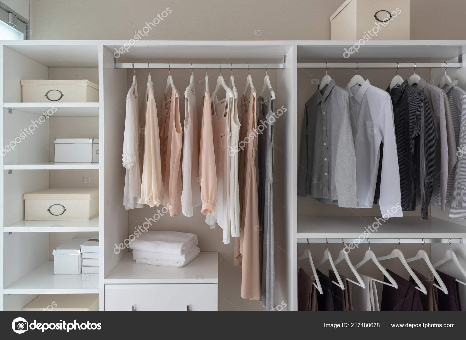 Modern Closet Clothes Hanging Rail White Wooden Wardrobe Interior Design Stock Photo C Khongkitwiriyachan 217480678