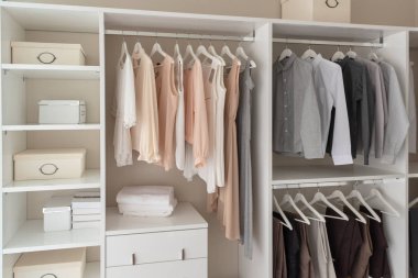modern closet with clothes hanging on rail, white wooden wardrobe, interior design concept clipart