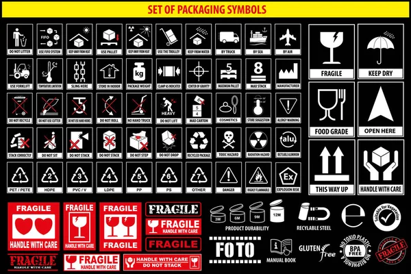 Set Simboli Imballaggio Stoviglie Plastica Simboli Fragili Simboli Cartone Questo — Vettoriale Stock