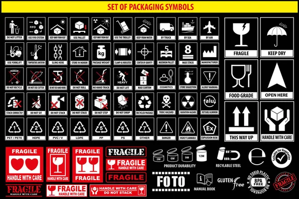 Set Von Verpackungssymbolen Geschirr Plastik Zerbrechlichen Symbolen Pappsymbolen Diese Seite — Stockvektor