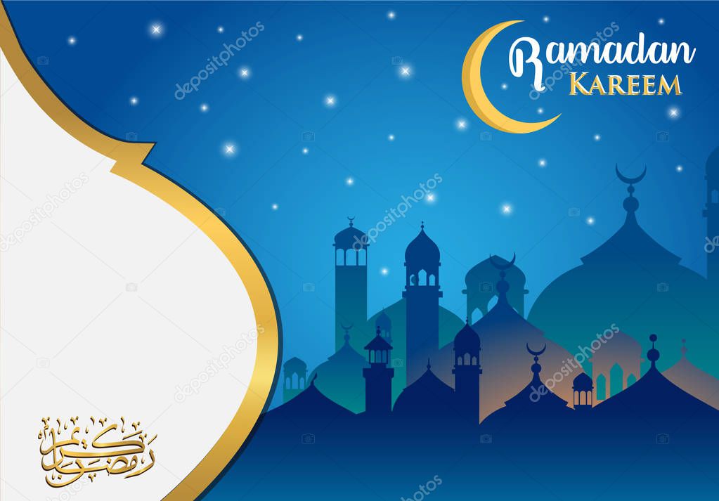 Ramadan kareem background or arabic background, illustration with arabic lanterns and golden ornate crescent, on starry background. easy to modify