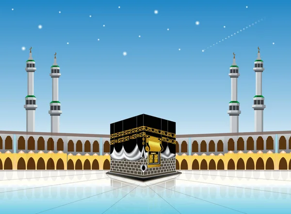 カーバ神殿のモスク Masjidil ハラーム 神聖なメッカ カリーム 犠牲祭 断食明けメッカ巡礼のためのイスラム教の建物 カード 印刷物 ギフト — ストックベクタ