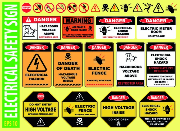 Set Segnalazione Sicurezza Elettrica Alta Tensione Recinzione Elettrica Non Toccare — Vettoriale Stock