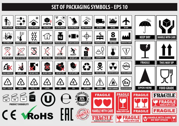 Set of packaging symbols, FCC,ROHS,tableware, plastic, fragile symbols, cardboard symbols.(this side up, handle with care, fragile, keep dry, keep away from direct sunlight, do not drop, do not litter)