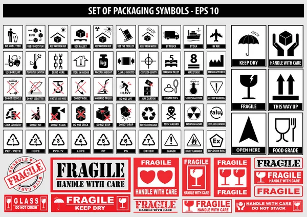 Ensemble Symboles Emballage Côté Vers Haut Manipuler Avec Soin Fragile — Image vectorielle