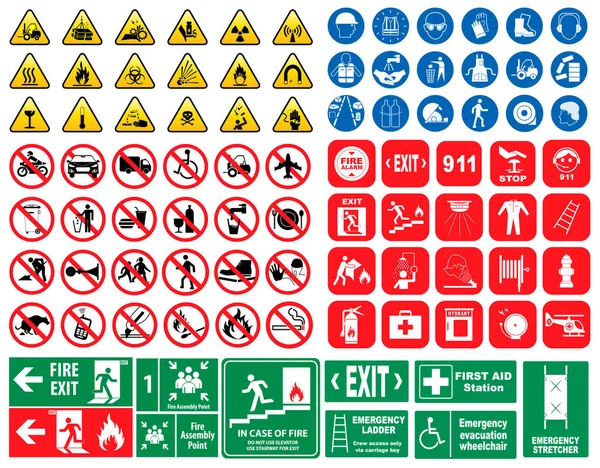 设置强制标志 危险标志 禁止标志 火警应急标志 用于贴纸 海报和其他材料印刷 易于修改 — 图库矢量图片
