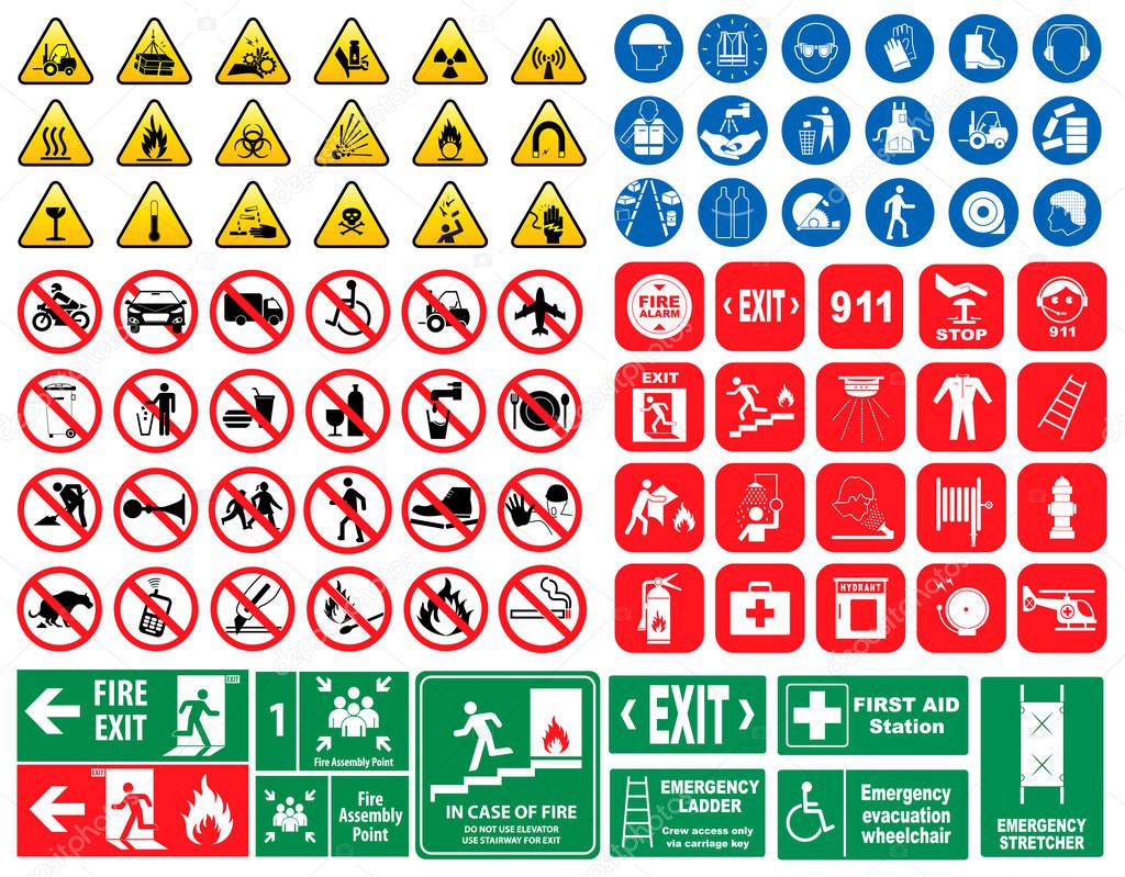 set of mandatory sign, hazard sign, prohibited sign, fire emergency sign. for sticker, posters, and other material printing. easy to modify.