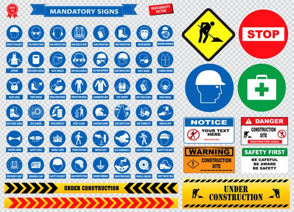 Obligatorische Schilder Gesundheit Bau Sicherheitszeichen Für Industrielle Anwendungen Schutzhelm Handschuhe — Stockvektor